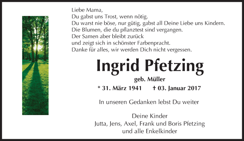  Traueranzeige für Ingrid Pfetzing vom 07.01.2017 aus  Usinger Anzeiger