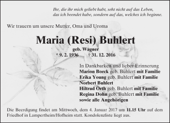Traueranzeige von Maria Buhlert von Trauerportal Rhein Main Presse