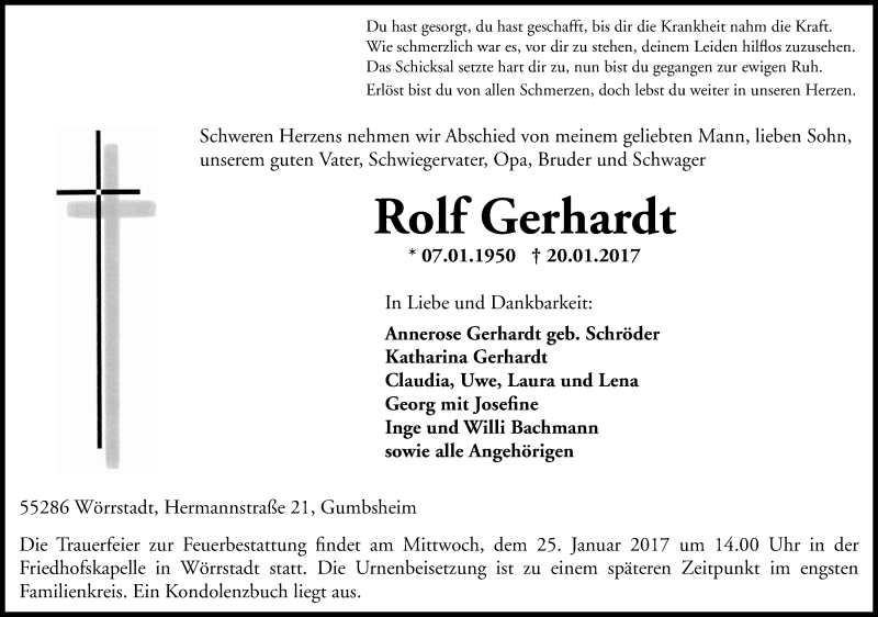 Traueranzeige für Rolf Gerhardt vom 23.01.2017 aus Trauerportal Rhein Main Presse