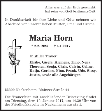 Traueranzeige von Maria Horn von Trauerportal Rhein Main Presse