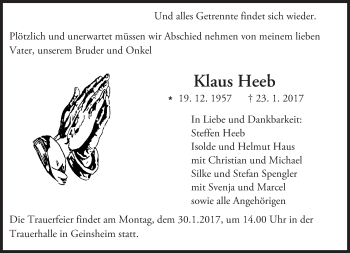 Traueranzeige von Klaus Heeb von Trauerportal Echo Online