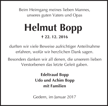 Traueranzeige von Helmut Bopp von  Kreisanzeiger