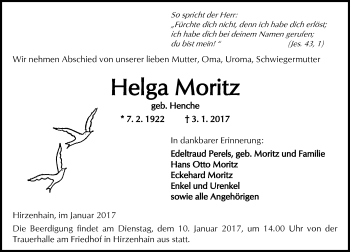 Traueranzeige von Helga Moritz von  Kreisanzeiger