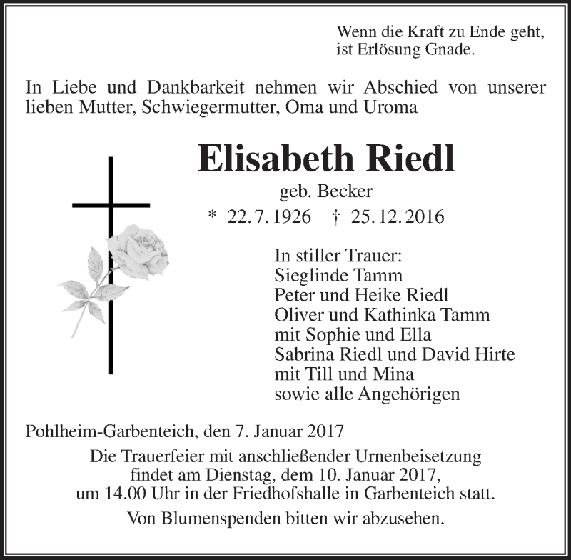  Traueranzeige für Elisabeth Riedl vom 07.01.2017 aus  Gießener Anzeiger