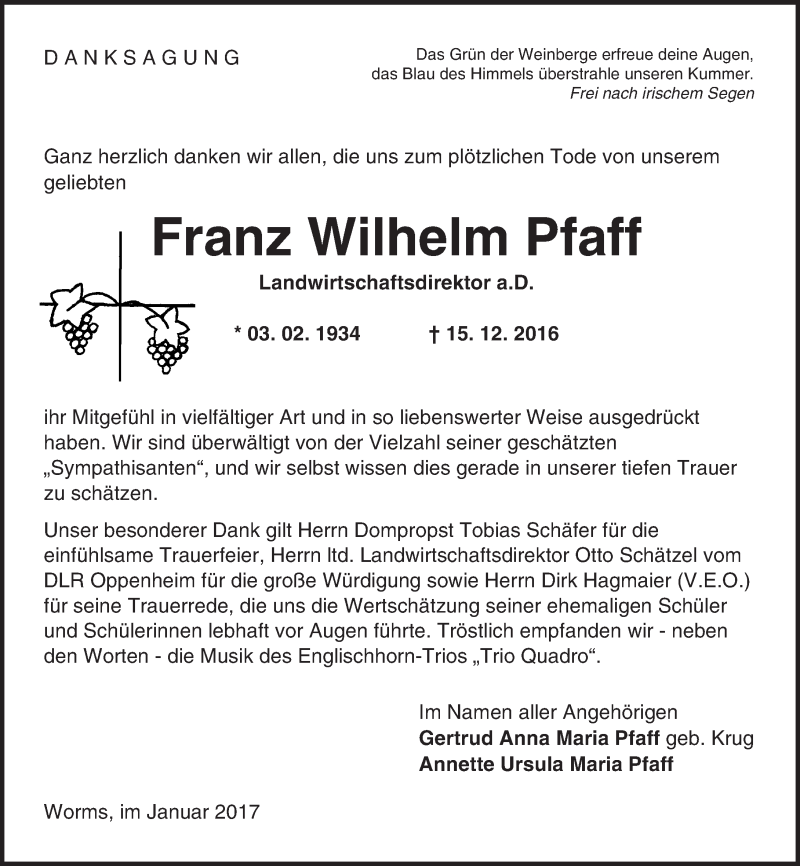  Traueranzeige für Franz Wilhelm Pfaff vom 21.01.2017 aus Trauerportal Rhein Main Presse