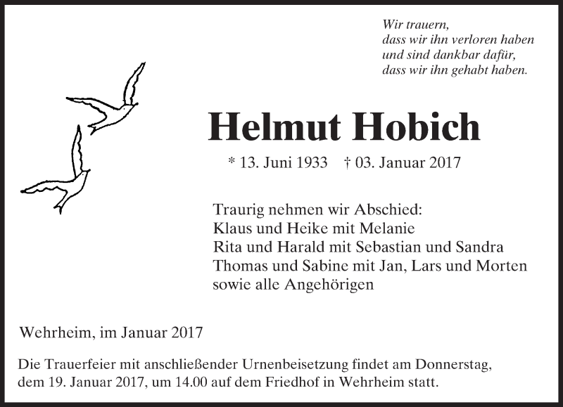  Traueranzeige für Helmut Hobich vom 14.01.2017 aus  Usinger Anzeiger