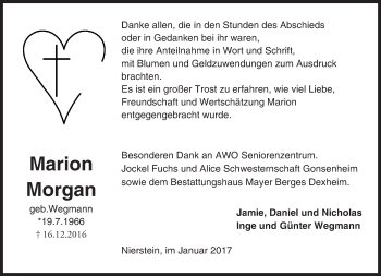Traueranzeige von Marion Morgan von Trauerportal Rhein Main Presse