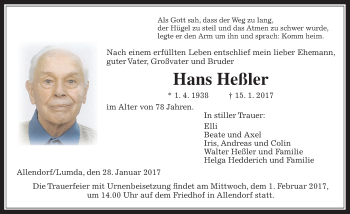 Traueranzeige von Hans Heßler von  Gießener Anzeiger