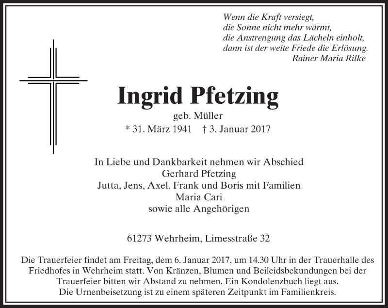  Traueranzeige für Ingrid Pfetzing vom 05.01.2017 aus  Usinger Anzeiger