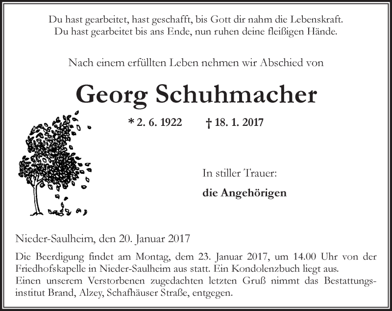  Traueranzeige für Georg Schuhmacher vom 20.01.2017 aus Trauerportal Rhein Main Presse
