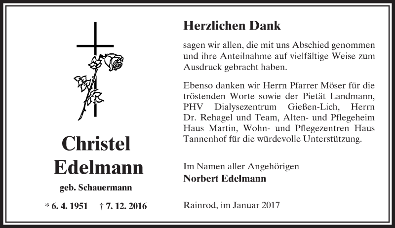  Traueranzeige für Christel Edelmann vom 28.01.2017 aus  Kreisanzeiger