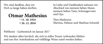 Traueranzeige von Otmar Mathesius von  Gießener Anzeiger