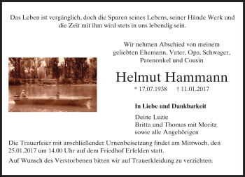 Traueranzeige von Helmut Hammann von Trauerportal Echo Online