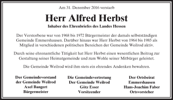 Traueranzeige von Alfred Herbst von  Usinger Anzeiger