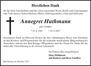 Traueranzeige von Annegret Huthmann von Trauerportal Echo Online