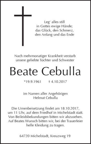Traueranzeige von Beate Cebulla von Trauerportal Echo Online