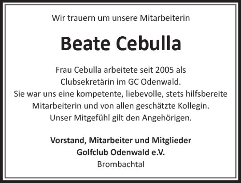  Traueranzeige für Beate Cebulla vom 16.10.2017 aus Trauerportal Echo Online