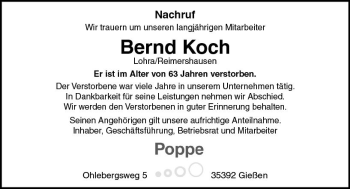 Traueranzeige von Bernd Koch von  Gießener Anzeiger