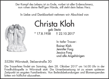 Traueranzeige von Christa Kloh von Trauerportal Rhein Main Presse