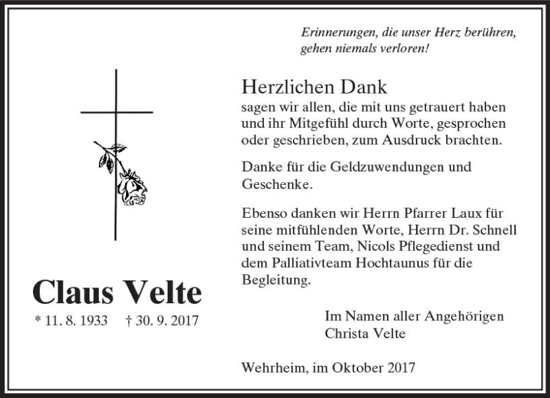  Traueranzeige für Claus Velte vom 28.10.2017 aus  Usinger Anzeiger