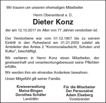 Traueranzeige von Dieter Konz von Trauerportal Rhein Main Presse