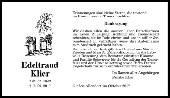 Traueranzeige von Edeltraud Klier von  Gießener Anzeiger