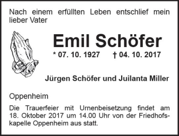 Traueranzeige von Emil Schöfer von Trauerportal Rhein Main Presse