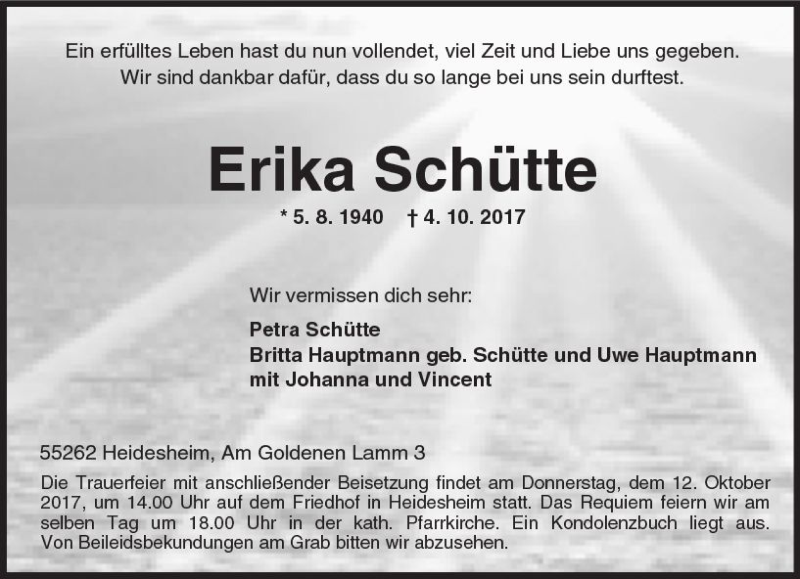  Traueranzeige für Erika Schütte vom 07.10.2017 aus Trauerportal Rhein Main Presse