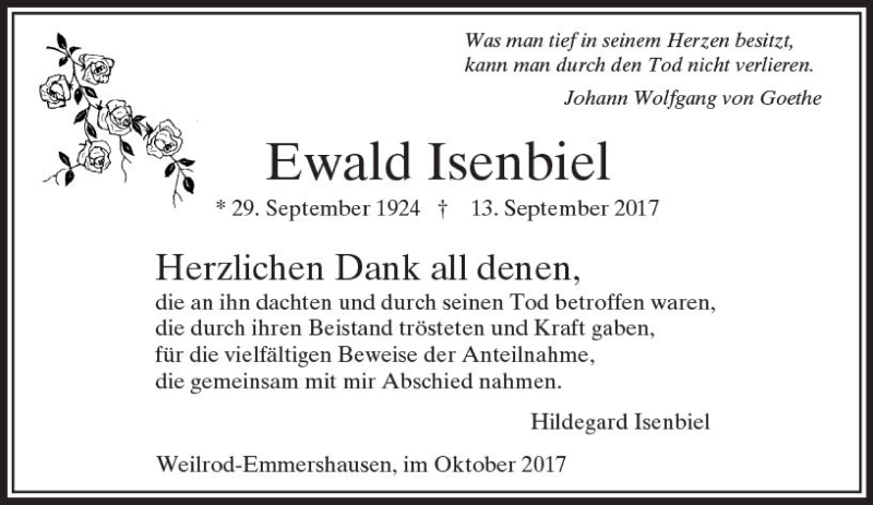  Traueranzeige für Ewald Isenbiel vom 07.10.2017 aus  Usinger Anzeiger