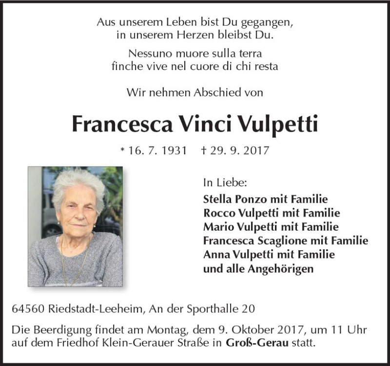 Traueranzeige für Francesca Vinci Vulpetti vom 07.10.2017 aus Trauerportal Echo Online