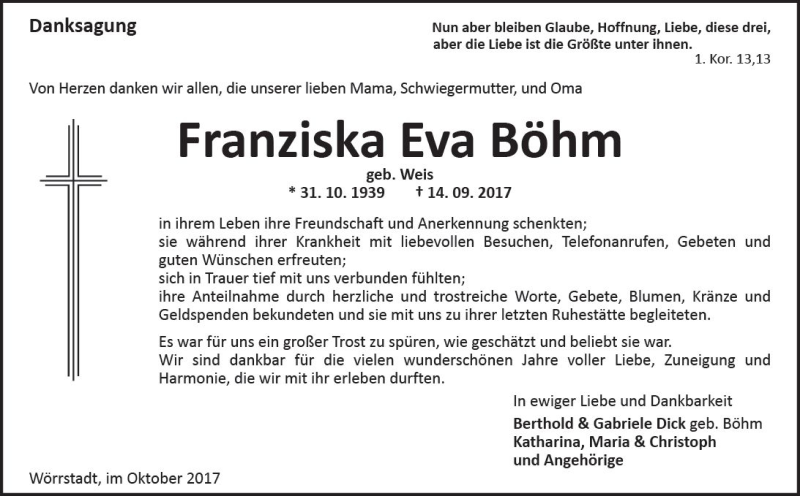  Traueranzeige für Franziska Eva Böhm vom 28.10.2017 aus Trauerportal Rhein Main Presse