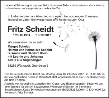 Traueranzeige von Fritz Scheidt von Trauerportal Rhein Main Presse