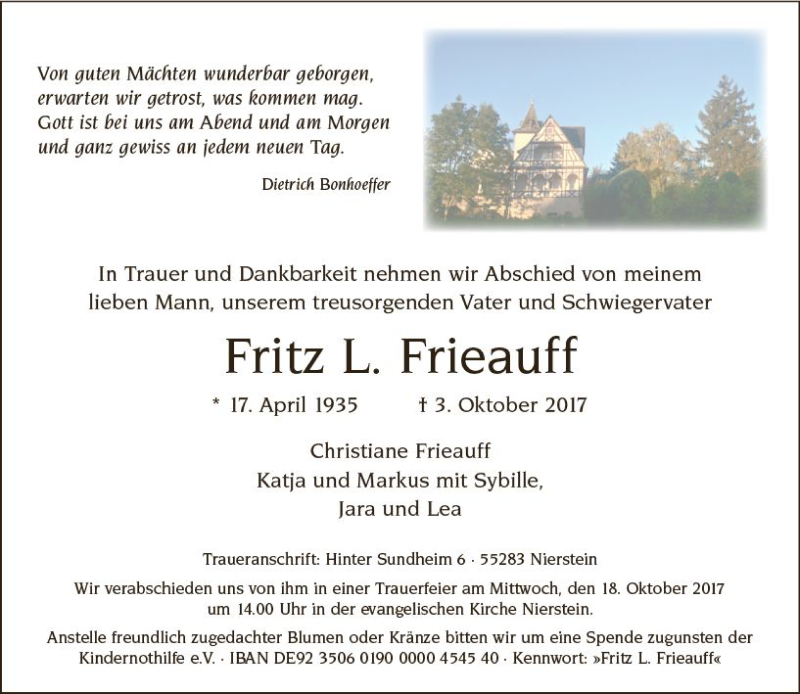  Traueranzeige für Fritz L. Frieauff vom 12.10.2017 aus Trauerportal Rhein Main Presse