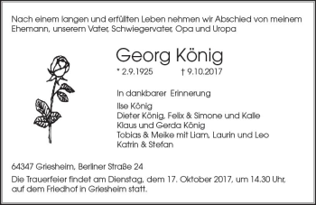 Traueranzeige von Georg König von Trauerportal Echo Online