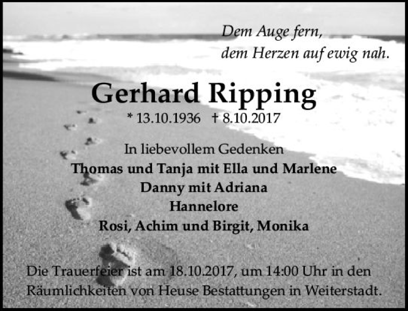 Traueranzeige für Gerhard Ripping vom 14.10.2017 aus Trauerportal Echo Online