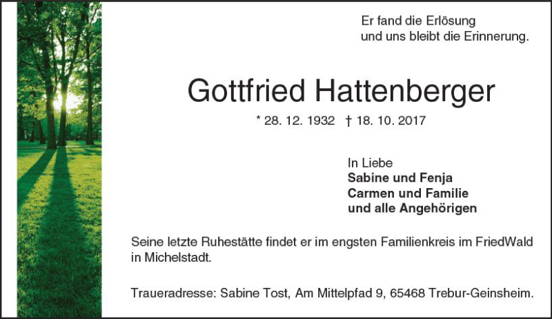  Traueranzeige für Gottfried Hattenberger vom 25.10.2017 aus Trauerportal Echo Online