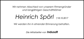 Traueranzeige von Heinrich Spörl von Trauerportal Echo Online