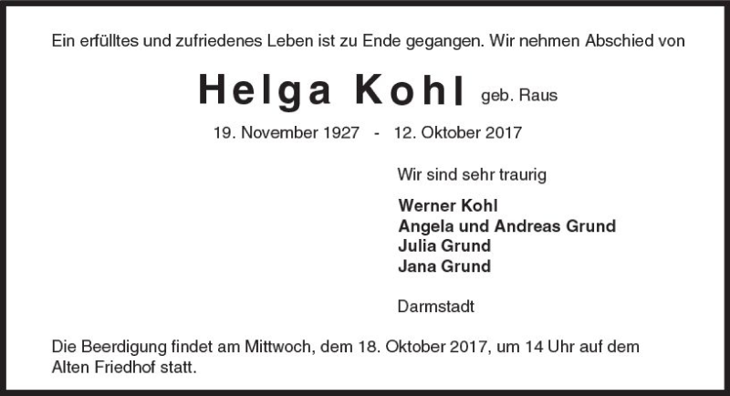  Traueranzeige für Helga Kohl vom 14.10.2017 aus Trauerportal Echo Online