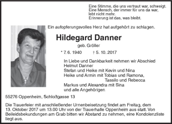 Traueranzeige von Hildegard Danner von Trauerportal Rhein Main Presse