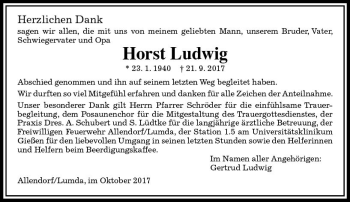 Traueranzeige von Horst Ludwig von  Gießener Anzeiger