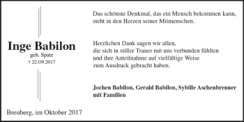 Traueranzeige von Inge Babilon von Trauerportal Echo Online