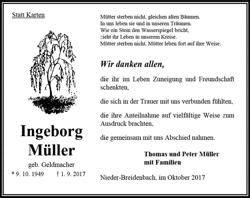  Traueranzeige für Ingeborg Müller vom 07.10.2017 aus VRM Trauer