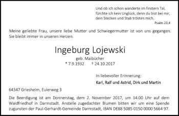Traueranzeige von Ingeburg Lojewski von Trauerportal Echo Online