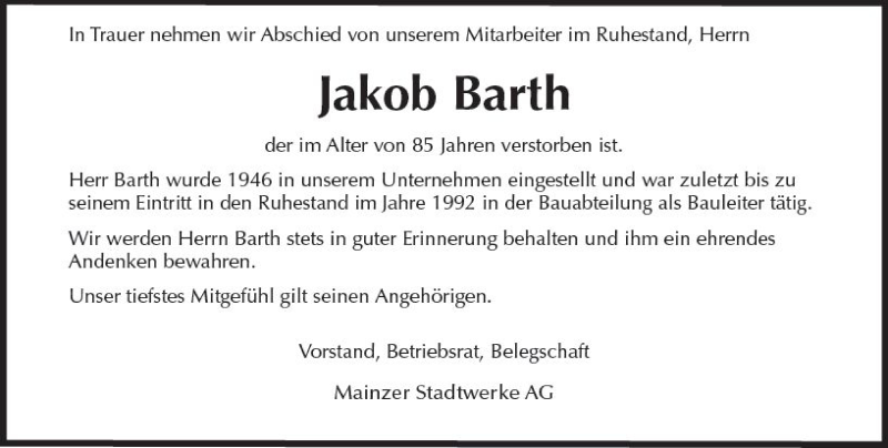  Traueranzeige für Jakob Barth vom 11.10.2017 aus Trauerportal Rhein Main Presse