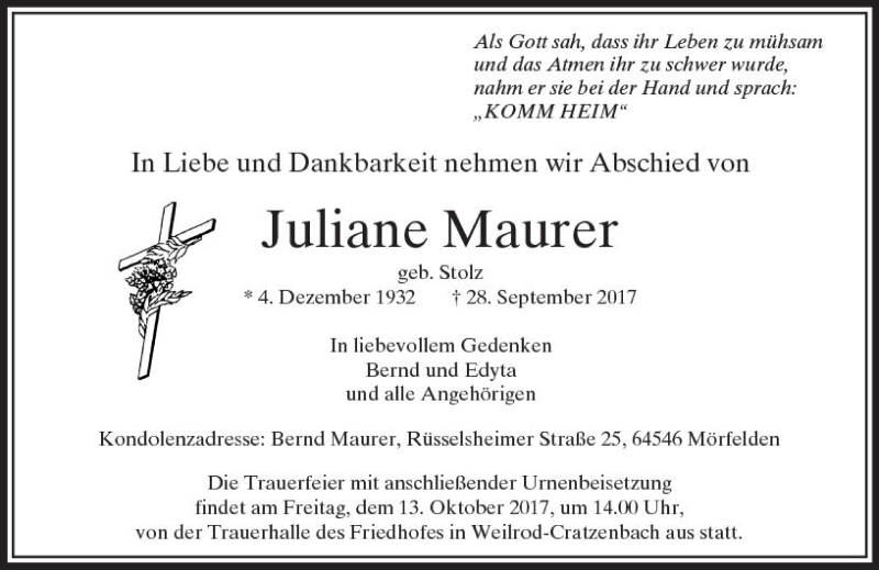  Traueranzeige für Juliane Maurer vom 12.10.2017 aus  Usinger Anzeiger