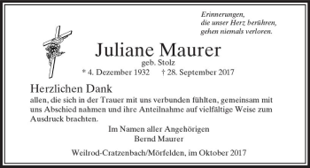 Traueranzeige von Juliane Maurer von  Usinger Anzeiger