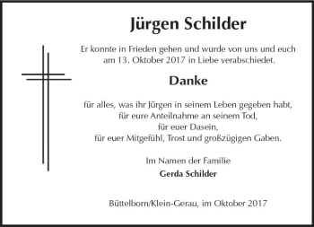 Traueranzeige von Jürgen Schilder von Trauerportal Echo Online