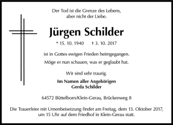 Traueranzeige von Jürgen Schilder von Trauerportal Echo Online