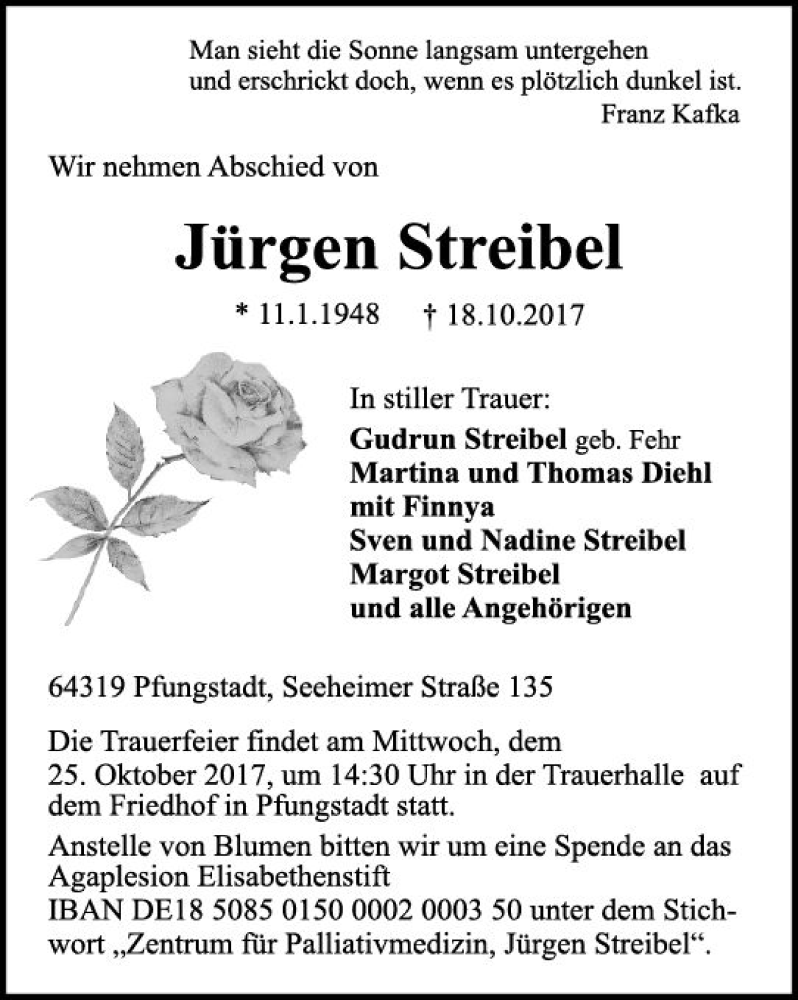  Traueranzeige für Jürgen Streibel vom 21.10.2017 aus Trauerportal Echo Online