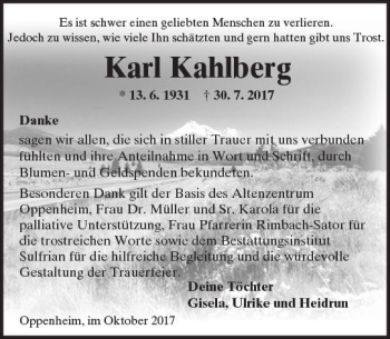 Traueranzeige von Karl Kahlberg von Trauerportal Rhein Main Presse